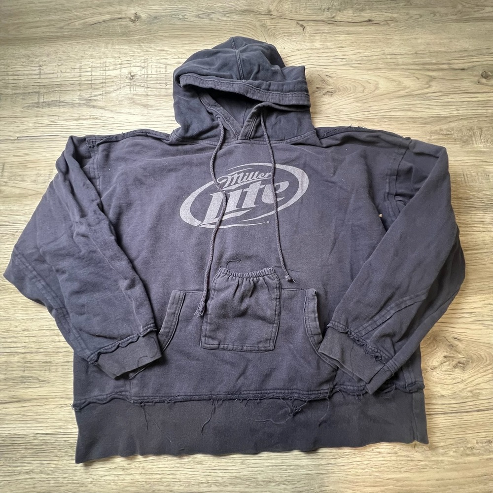 Brew City Miller Lite Hoodie Mens L Black Distressed Raw Hem Beer Sweatshirt